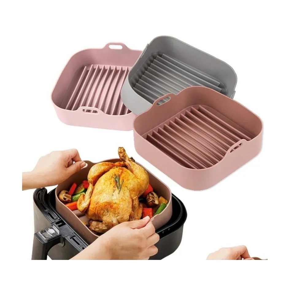 Tappetini Tappetini Multifunzionale Airfryer Sile Pot Friggitrici ad aria Accessori per forno Pane Pollo fritto Pizza Cestino Teglia Fda Piatti Drop Dhmzy