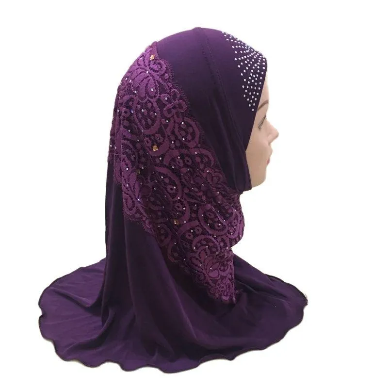 Vêtements ethniques H044 Belle Petite Fille Amira Hijab Avec Dentelle Et Pierres Fit 2-6 Ans Enfants Pull Sur Écharpe Islamique Head Wrap