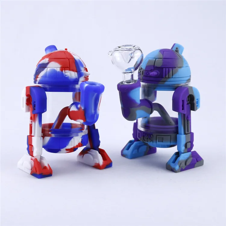 Modern robot design glass water bong 14mm glass bowl mini bongs detachable silicone bubbler smoking pipes