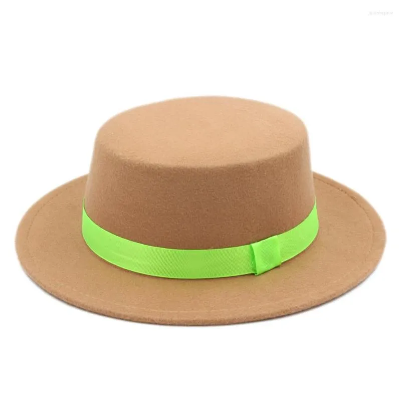 Boinas Mistdawn Mistura de Lã Boater Chapéu de Marinheiro Pork Pie Boné Flat Top Bowler Para Mulheres Homens Com Fita Verde Faixa Tamanho 7 1/4