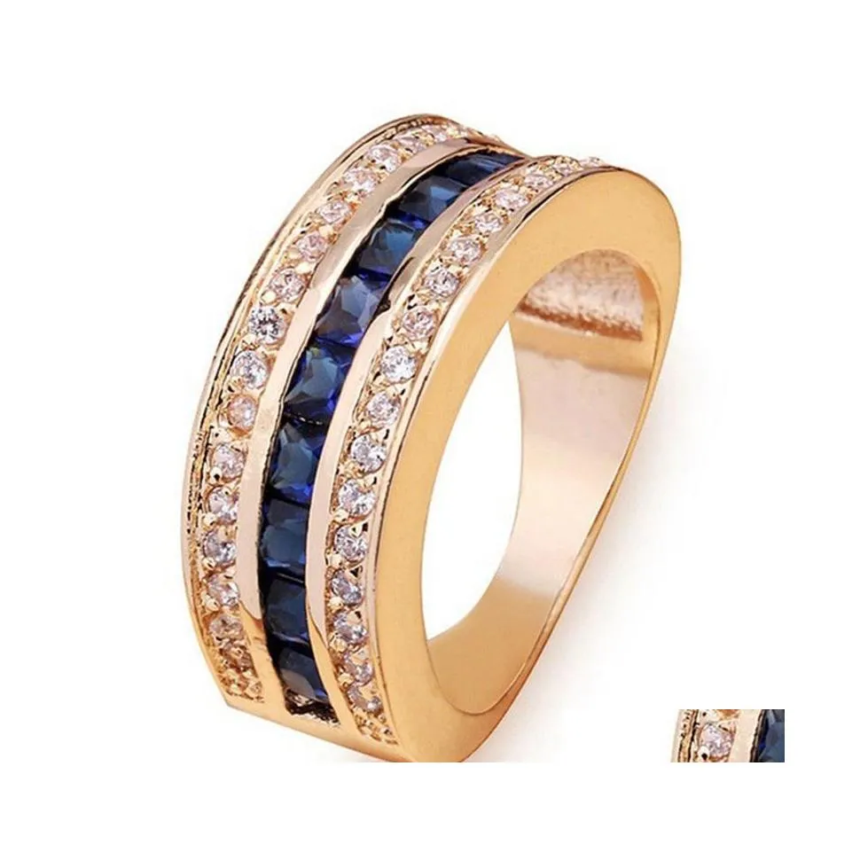 Wedding Rings Luxury Female Blue Crystal Jewelry Vintage Yellow Gold Color Ring Bride Geometry Engagement For Women Drop Delivery Dhaet