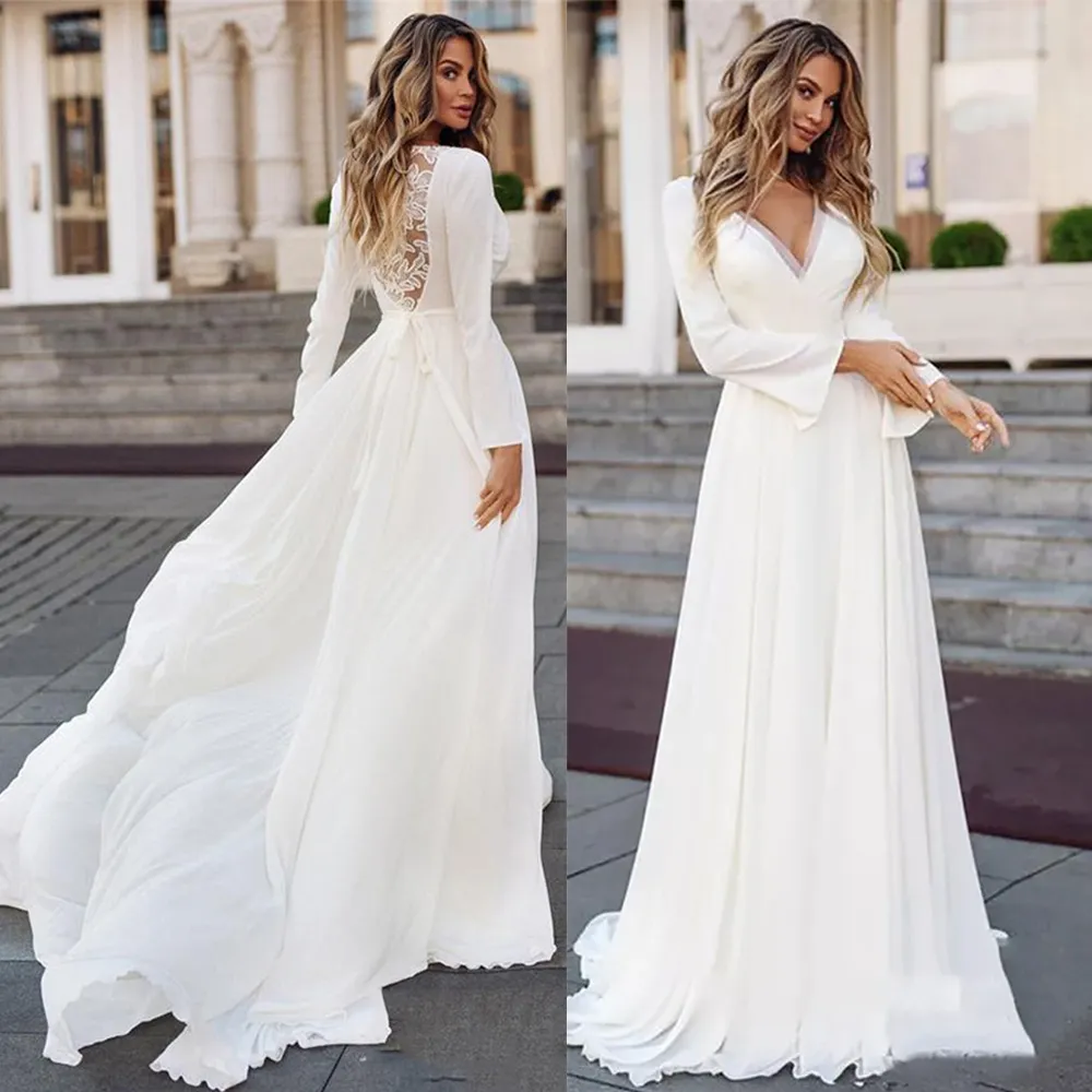 Long Sleeves A Line Wedding Dress 2023 Chiffon Simple V Neck Applique Sexy Bridal Gown Elegant Sashes Vintage For Women Civil Customize