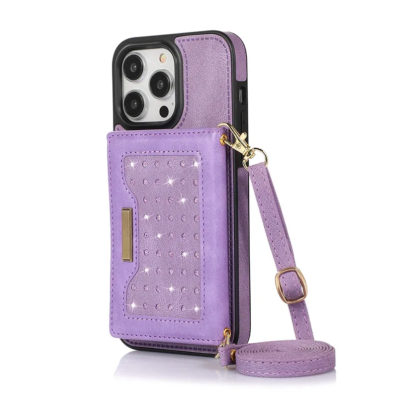 Étuis de téléphone portable de luxe Bandoulière Porte-cartes en strass Couverture anti-goutte Style de sac à main Mode PU Cuir Couvertures arrière antichoc pour iPhone15 14 13 12 Pro Max avec sangle