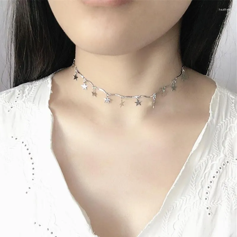 Choker högkvalitativ Korea Guld/silverfärgkedja Fempunktsstjärnhalsband för kvinnor Kort vågkrage halsband Bijoux gåvor