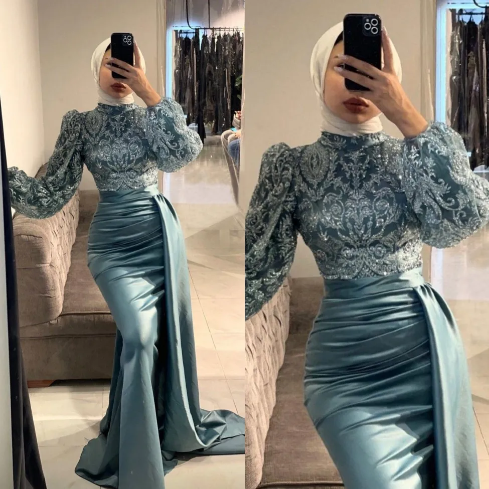 Потрясающие платья с русалки с русалкой аппликации с блестками мусульманские вечерние платья с длинными рукавами с высоким вырезом.