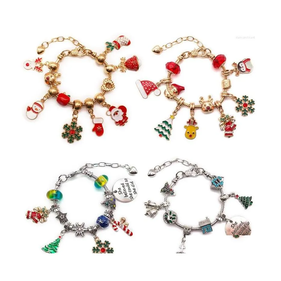 Charm Bracelets Christmas Childrens Bracelet Set Handmade Diy Large Hole Beads Gold Bead String Gift Box Drop Delivery Jewelry Dhtqa