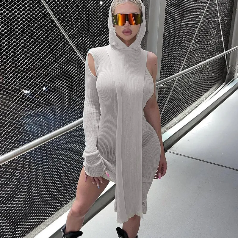 Knit Asymmetric Midi Dress with Ribbed hooded sweater Dress Detail - Perfect for Parties, Clubwear, and Streetwear - One Sleeve, Tight Fit - Style