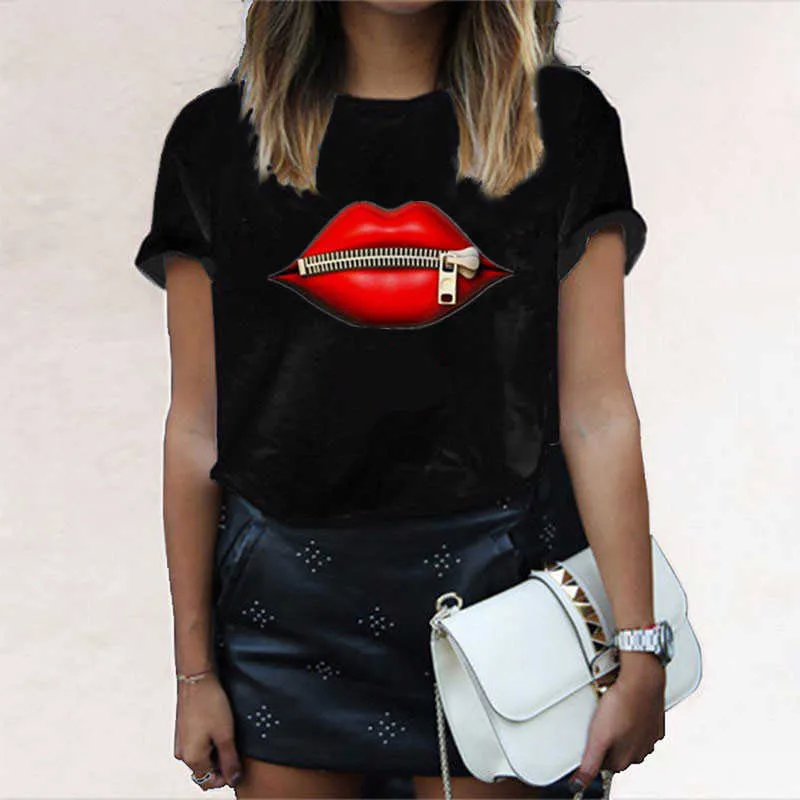 Zipper Lips Print Women Summer Haruku T Shirt Fashion Graphic Tops Female T-shirt Kawaii Casual Tee Woman Clothing