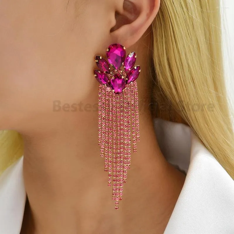 매달린 귀걸이 핑크 크리스탈 체인 여성 패션 럭셔리 파티 교수형 펜디스 빈티지 보석 액세서리