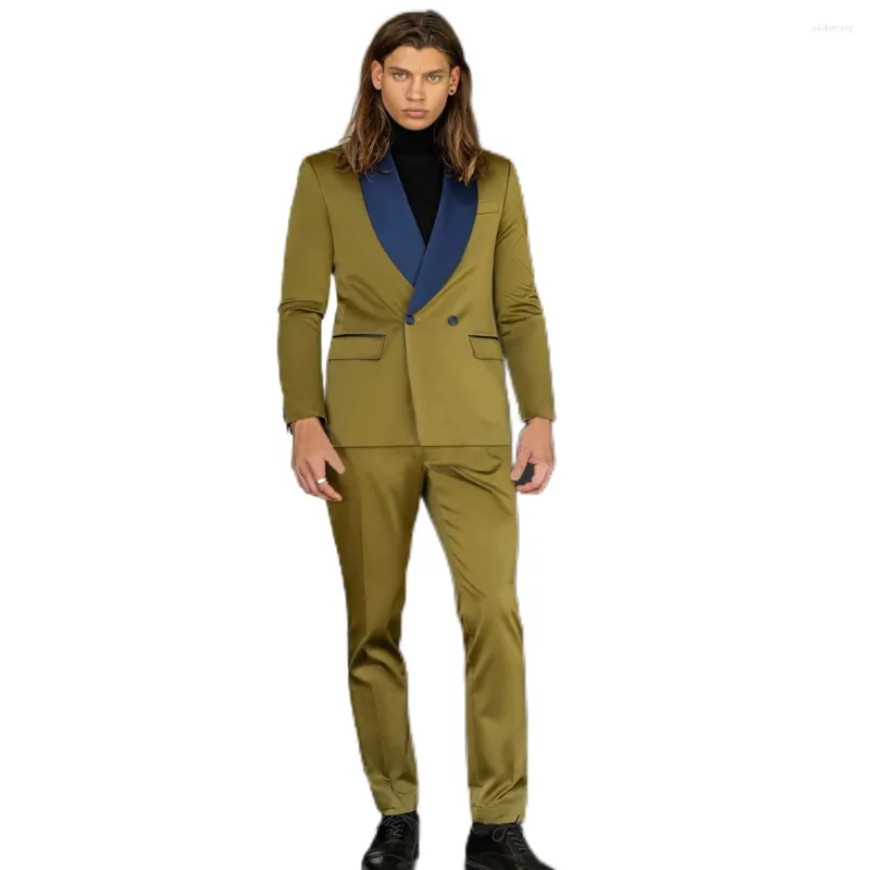 Men's Suits Satin Olive Green Slim Fit Men's Suit Blazer Blue Shawl Lapel Wedding Groom Wear Unisex Prom Jacket Pants Women Men Same Set