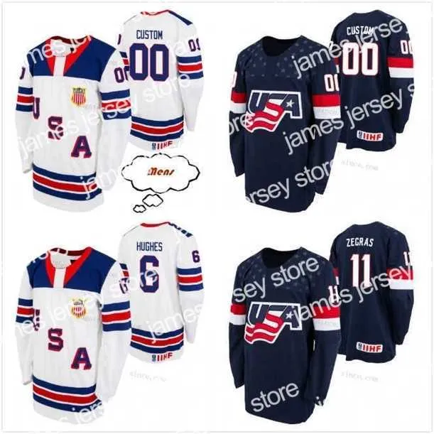 College Hockey Wears Thr Customize Men Women Kids #6 Jack Hughes S-6XL Trevor Zegras Jersey USA U18 Team 2021 Biosteel All American Game Home White Navy Away