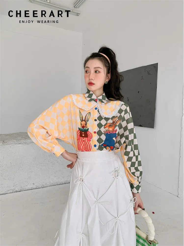 Bloups s Bloups Shirts Cheerart Fashion Fashion Vintage Peter Pan Collar Blouse de manga comprida Button Up Camisa Argyle Print Print Batwing Designer Top 230104