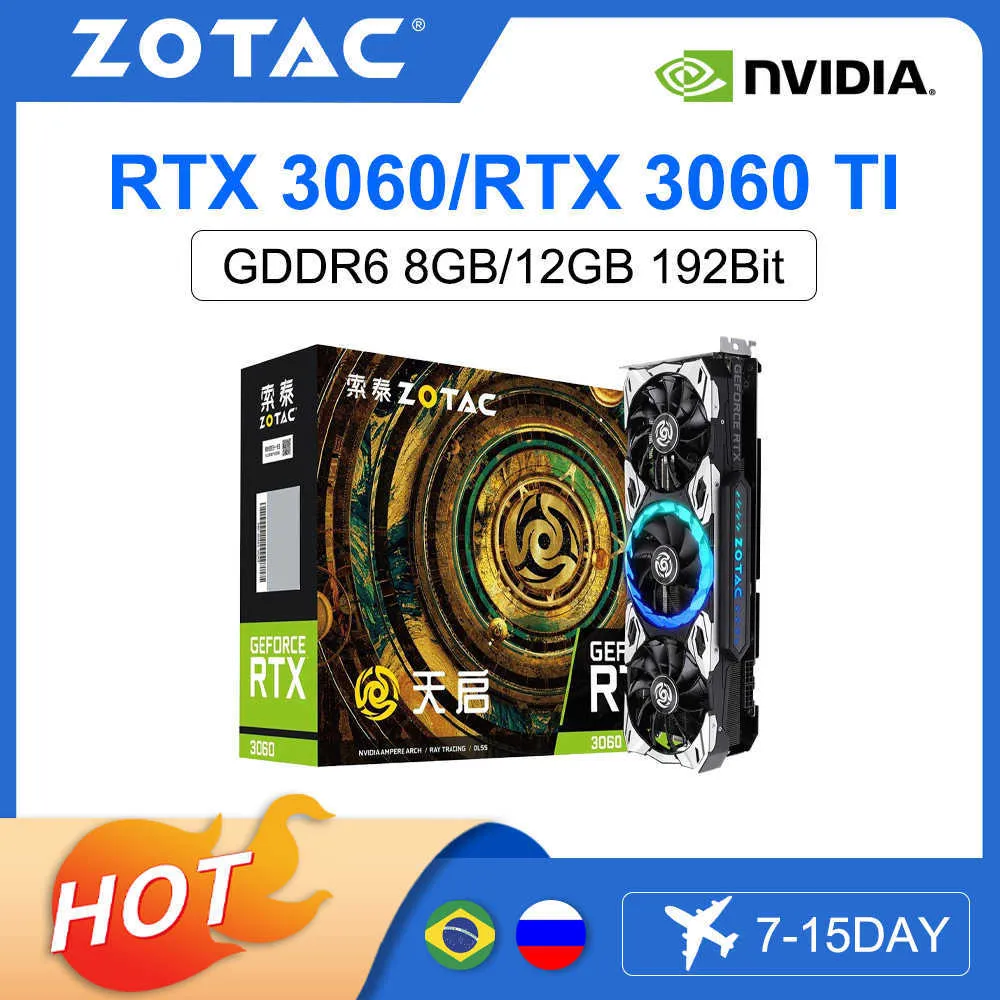 ZOTAC NIEUW RTX 3060 RXT 3060 TI 8GB 12GB GRAFISCHE KAART GDDR6 192 BIT 8PIN 8nm NVIDIA GAMING GPU VIDEOCTOUT Placa de vdeo