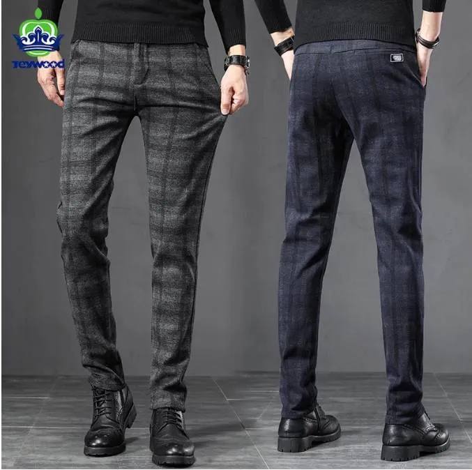 Autumn Winter England Plaid Work Stretch Pants Men Affär Fashion Slim Thick Grey Blue Casual Pant Mane Brand Trousers 38