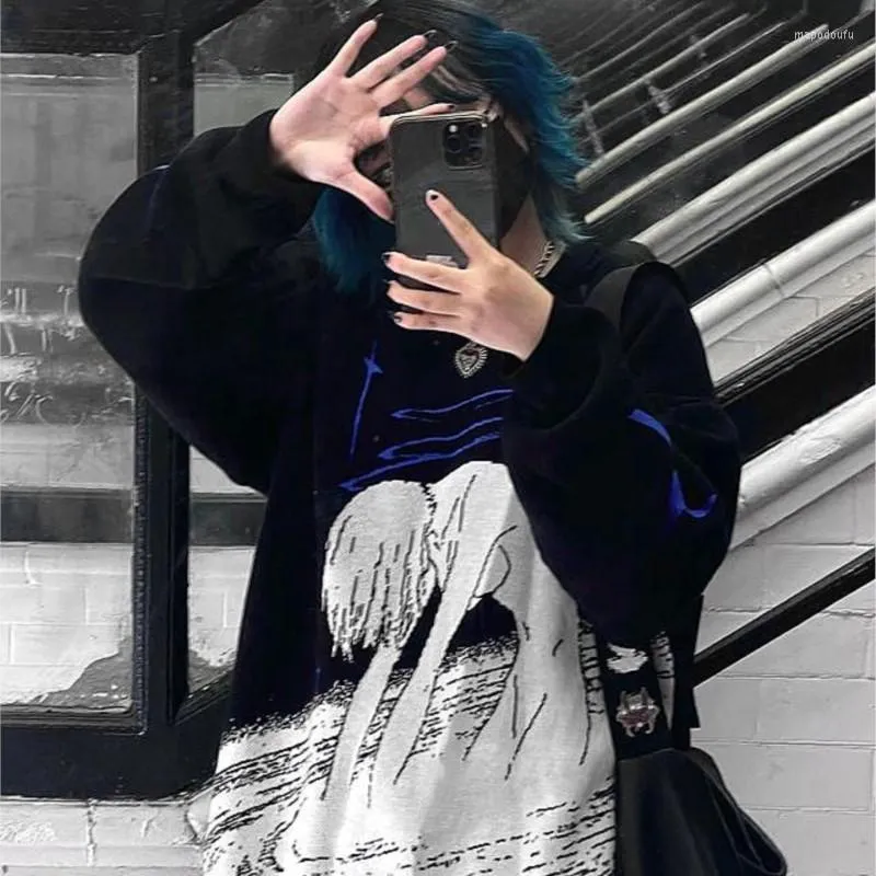 Damenpullover Kawaii Anime Print O-Ausschnitt Gestrickt Damen Pullover Y2K Harajuku Streetwear Ästhetische Mode Gothic Grunge Oversize Herren