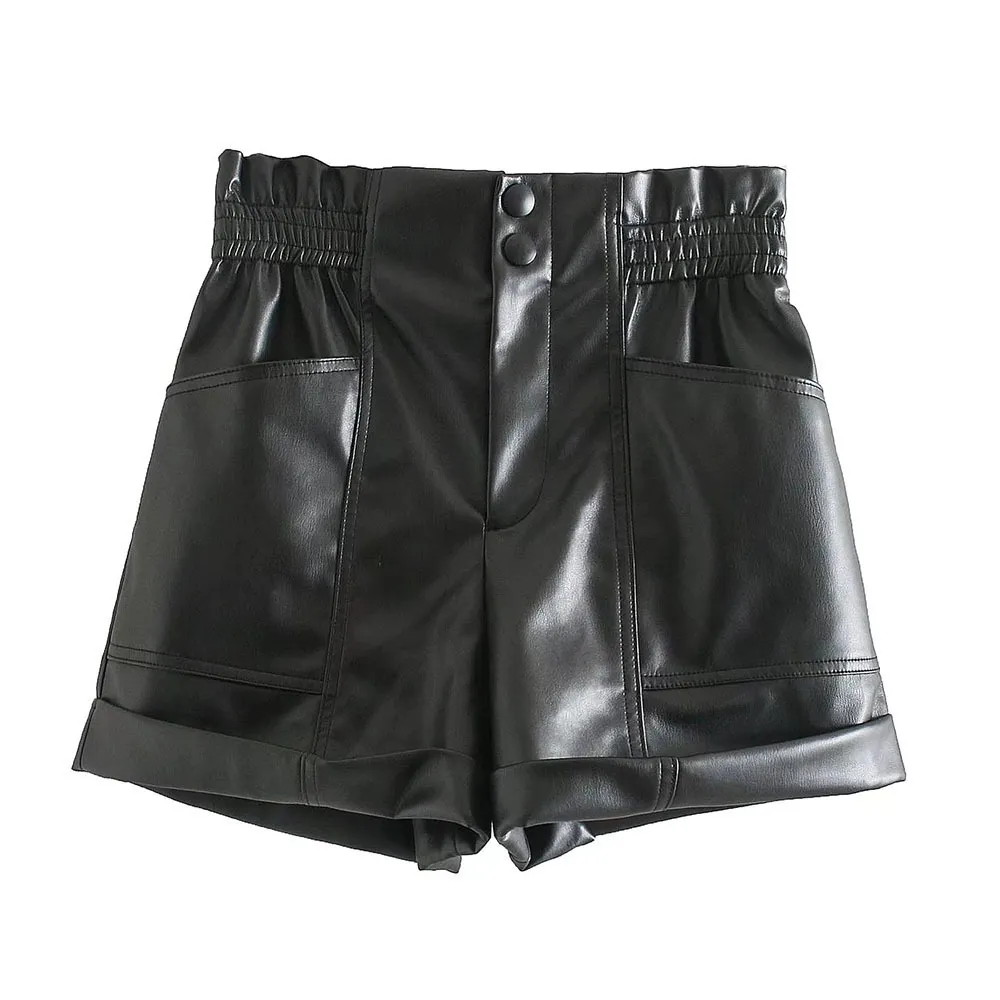 Shorts pour femme Zach AiIsa mode femme rétro noir élastique taille haute décontractée poche faux cuir texture short 230105