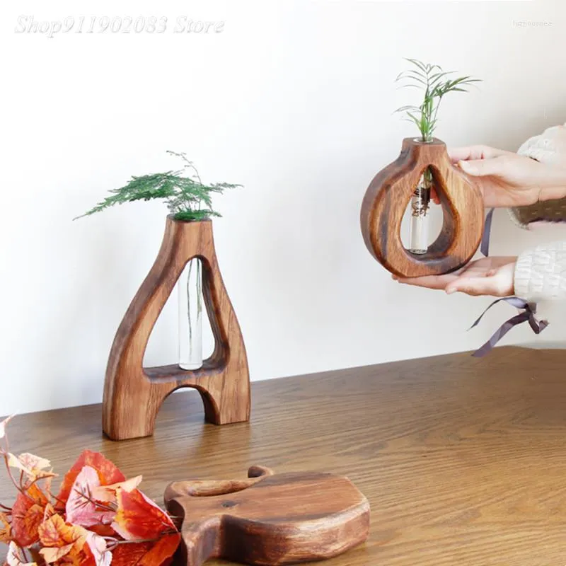 Vases Vase en bois massif fait à la main évider tube à essai en verre arrangement de fleurs hydroponique en bois en pot ameublement