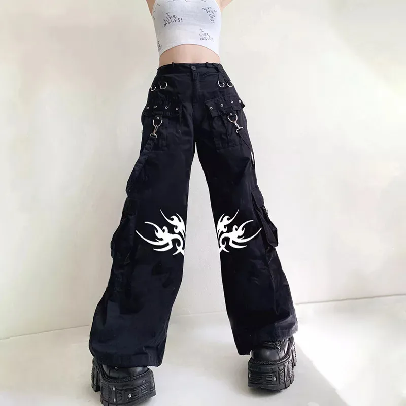 Erkekler pantolon punk tarzı kargo y2k baskılı alçak geniş bacak pantolonları E Girl Grunge Emo Alt Clothe Vintage Streetwear 230104235p