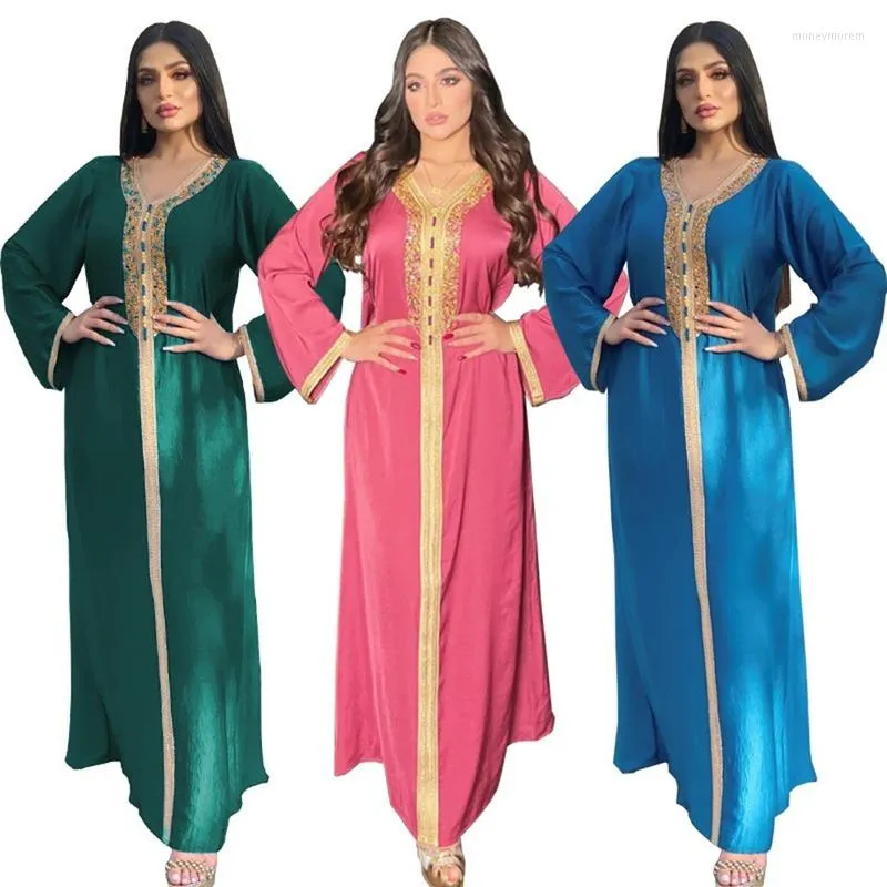 캐주얼 드레스 패션 패션 무슬림 jalabiya 여성을위한 중동 터키 아라비아 아라비아 두바이 모로코 카프탄 다이아몬드 리본 V 롱 드레스