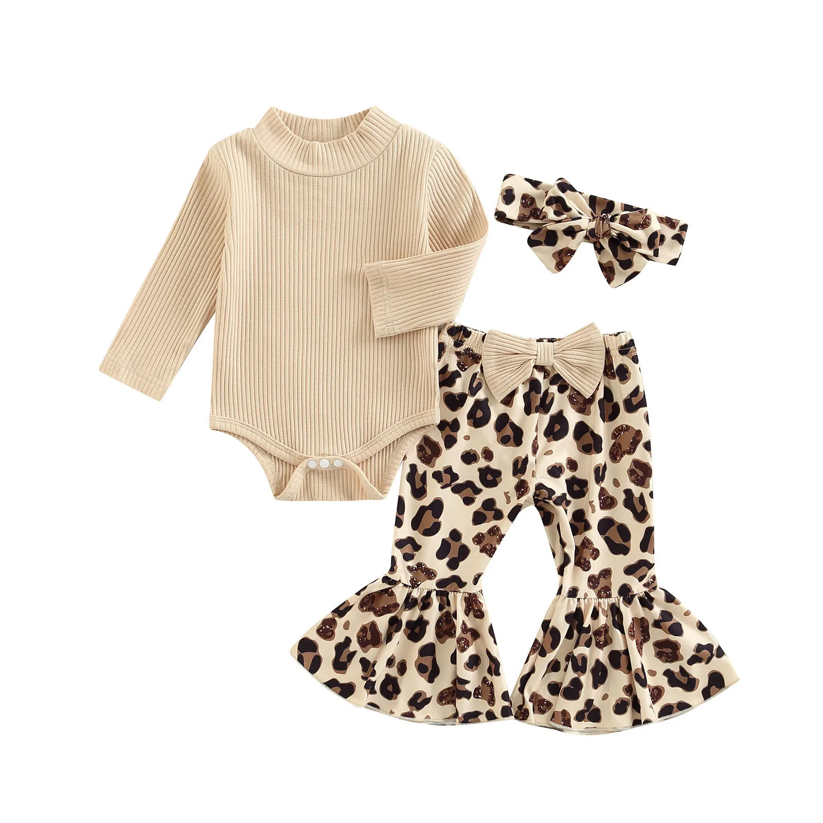 Ensembles de vêtements Bébé Bébé Filles Pantalon Ensemble À Manches Longues Barboteuse Imprimé Léopard Bowknot Flare Bandeau 3PCS Vêtements Printemps Automne Tenues 230105