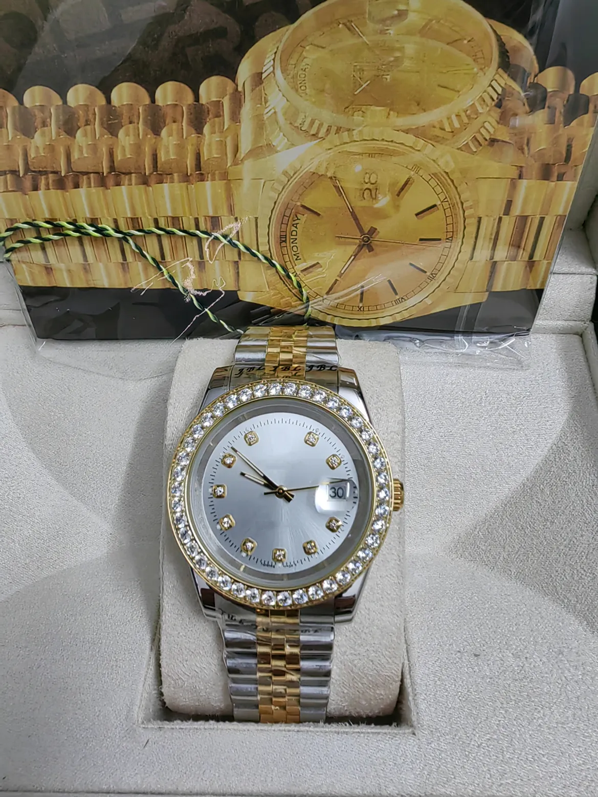 Met Originele Doos Luxe Mode Horloges Hoogwaardige 8K Geel Witte Diamanten Wijzerplaat Bezel 18038 Automatische Heren Herenhorloge 2023