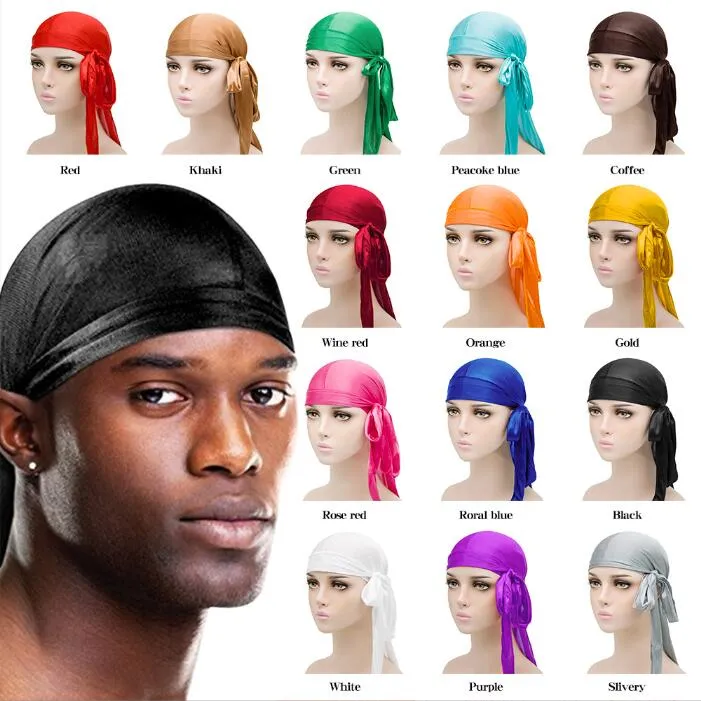 Silky Durags Long Tail Pirate Hats Bandana Satin Elastic Turban Wigs Head Wrap Cap Outdoor Cycling Hat Men Women Skull Caps Headwear Headband Hair Accessories BC247