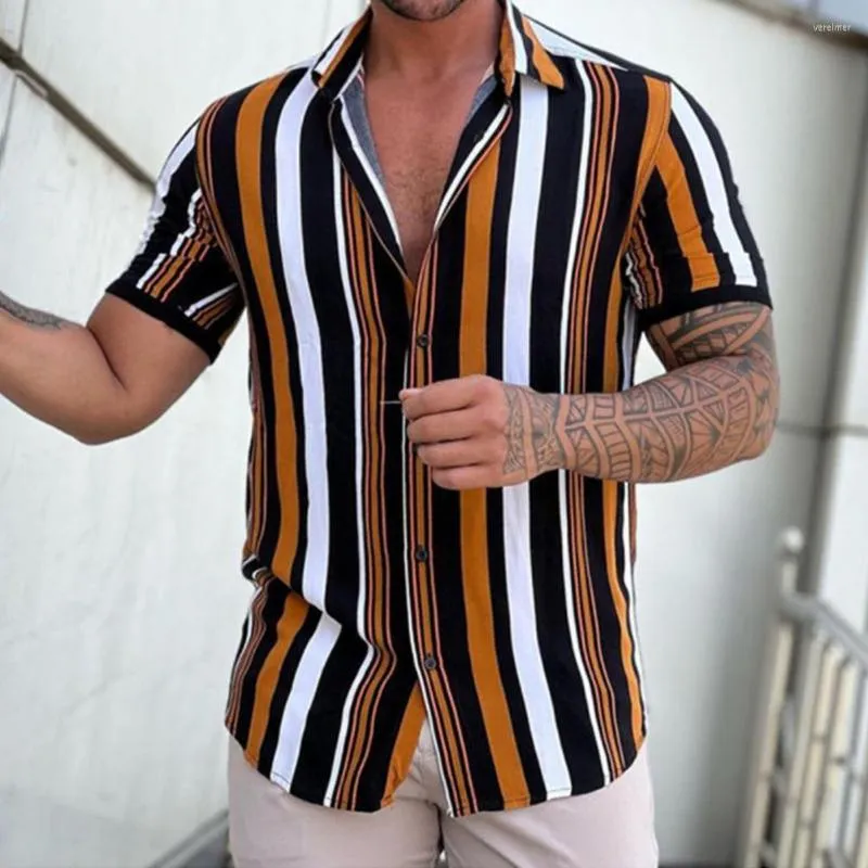 Men's Casual Shirts Men Shirt Stripe Print Business Young Style Comfortable Turn-down Collar Short Sleeves Color Matching Cardigan Summer