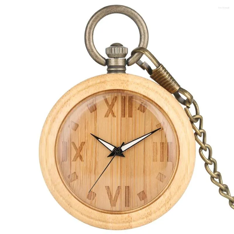 Pocket Watches Concise Bamboo Quartz Watch Men Women Carved Arabic Numerals Dial Bronze Sweather Chain Pendant