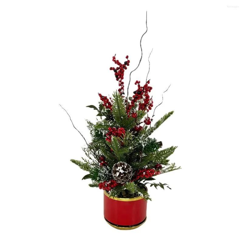 Decoraciones navideñas Árbol artificial con lavabo de cerámica Decoración navideña Cono de pino Bayas rojas y copo de nieve para la fiesta del año en casa