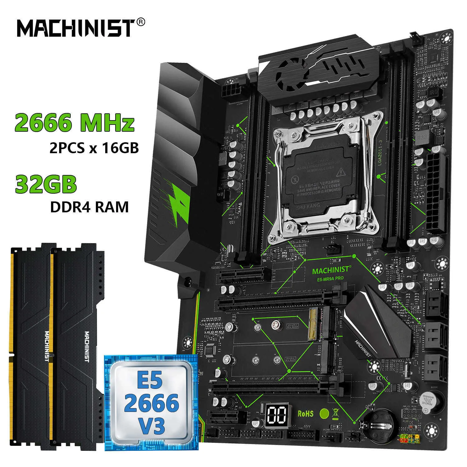 Machinist E5 MR9A Pro Motherboard Combo Set Set Kit с Xeon E5 2666 V3 LGA 2011-3 ЦП и DDR4 32 ГБ ОЗУ памяти ATX Плата