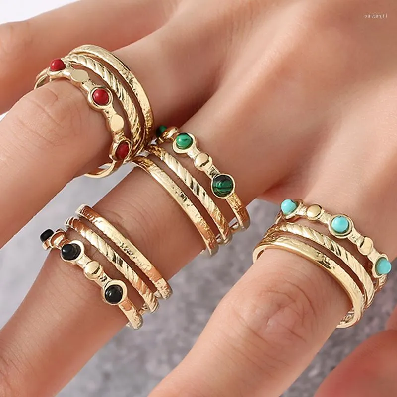 Klusterringar bohemiska guldpläterade bredöppning rostfritt stål ring för kvinna ihålig flerskikt inlagd med turkosa smycken
