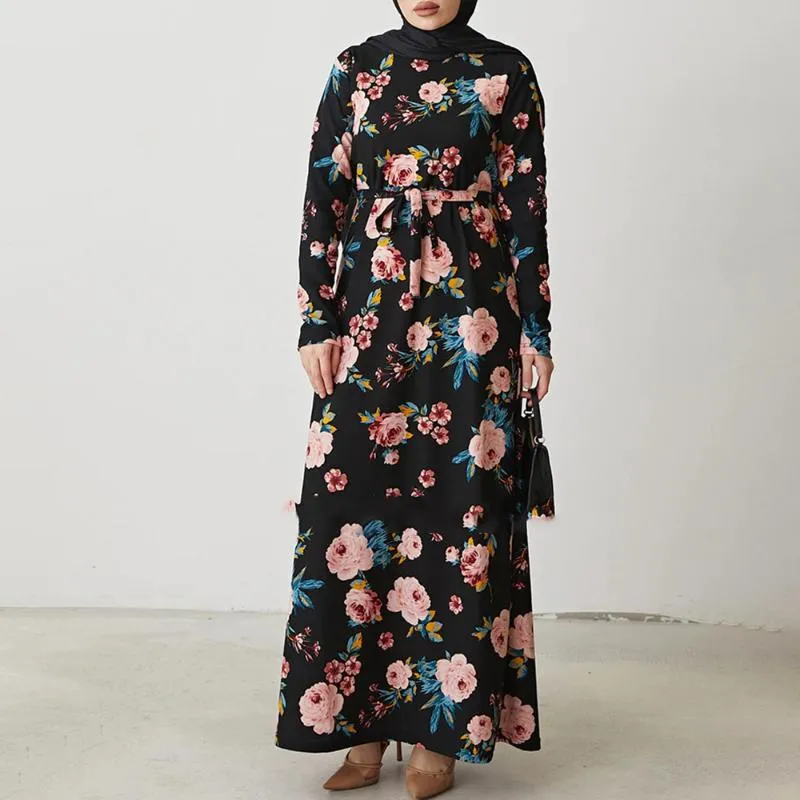 Vêtements ethniques exquis rose imprimé fleuri femmes musulmanes robe classique à manches longues col rond Maxi couverture complète décontracté Femme 2023 Est