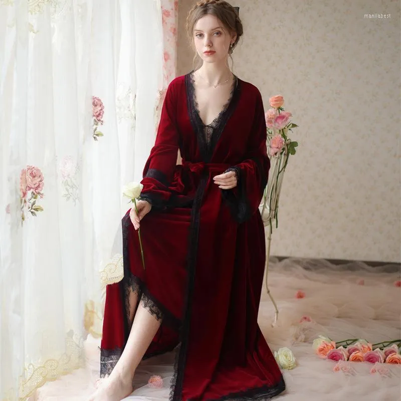 Women's Sleepwear Autumn Winter Velour Robe Sets Women Two Pieces Sexy Lace V Neck Long Night Dress Velvet Vintage Nightgowns Nightwear