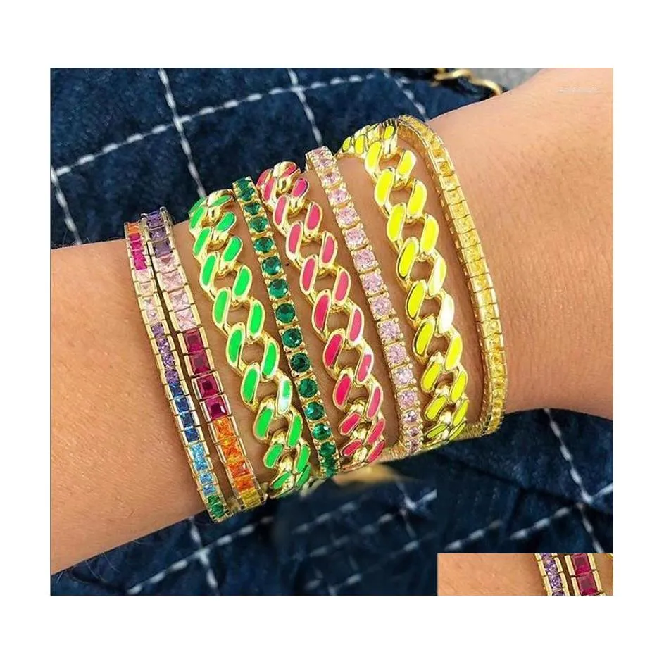 Braccialetti con ciondoli Colorf Strassl Miami Smalto Curb Bracciale cubano Gioielli da donna Hip Hop Spessore 8 mm Colore oro Link Heavy Drop Delive Dhvhx