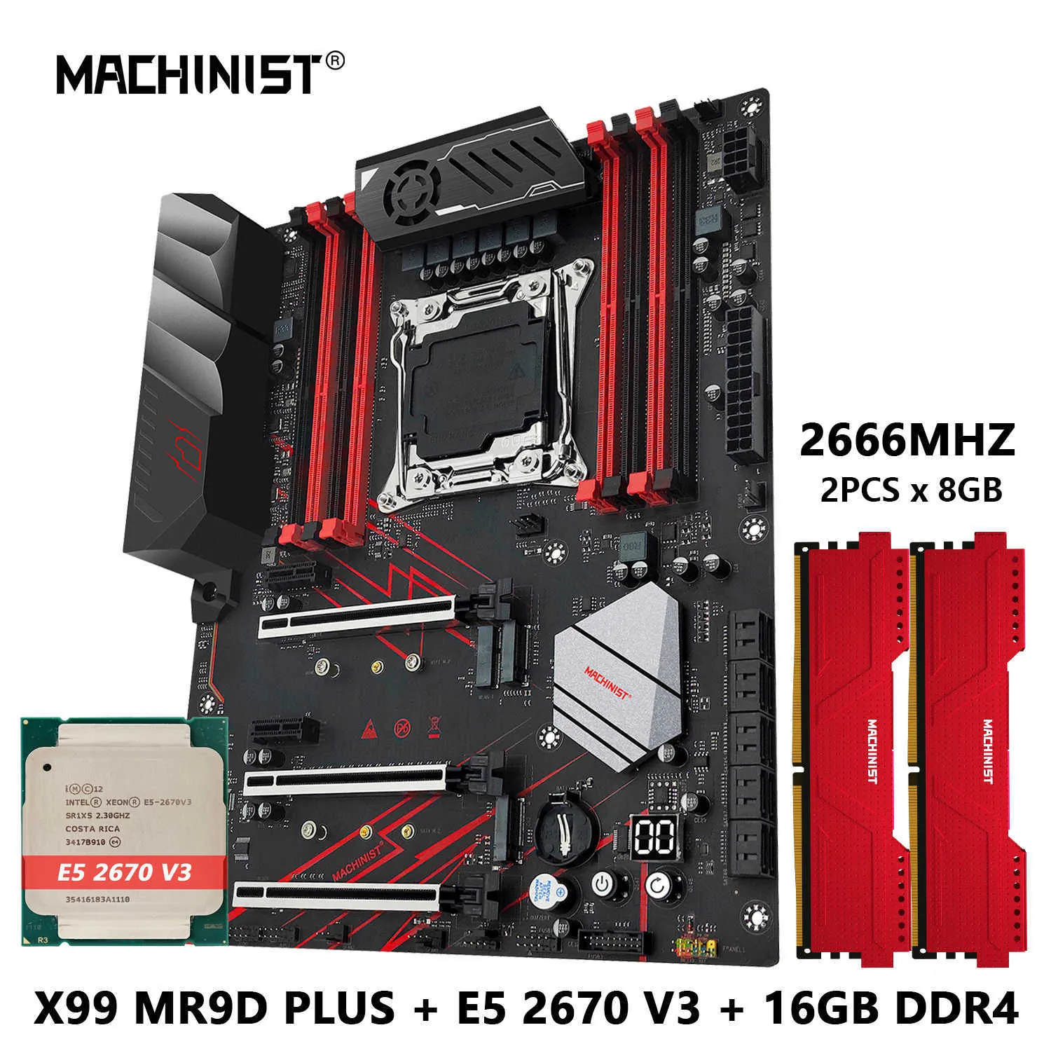 MACHINIST X99 MR9D PLUS X99 Motherboard Combo Set Kit mit Intel Xeon E5 2670 V3 CPU und DDR4 16 GB 2666 MHz RAM USB 3.0 ATX