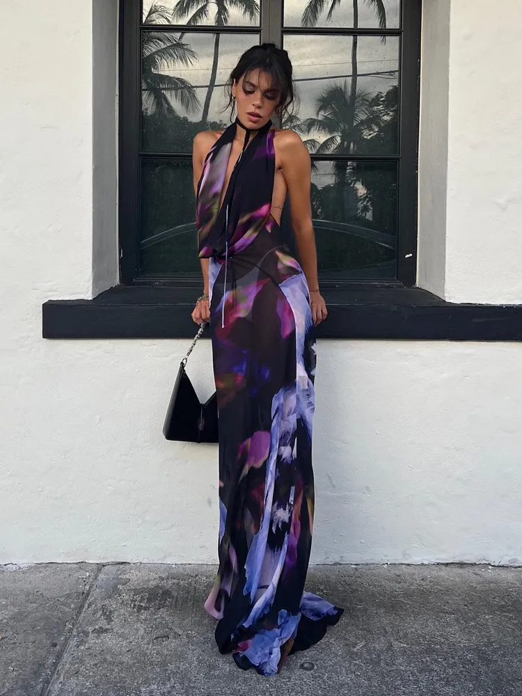 Party Dresses Backless Maxi Women Sexy Purple Print Halter Bodycon Summer Beach Outfits Elegant Sleeveless Club 230104