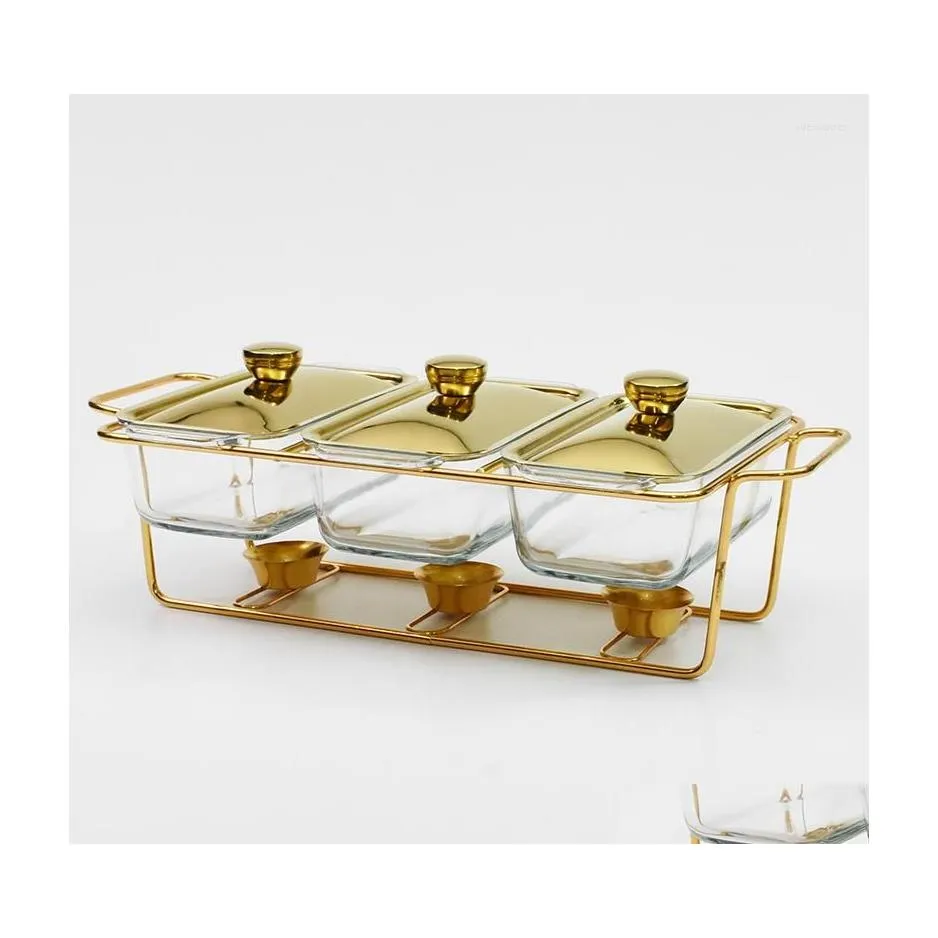 Diskplattor Bröllopsfest Luxury Glass Chafing Dish El Serving Gold Buffet Warmer Drop Delivery Home Garden Kitchen Dining Bar D DHFRN