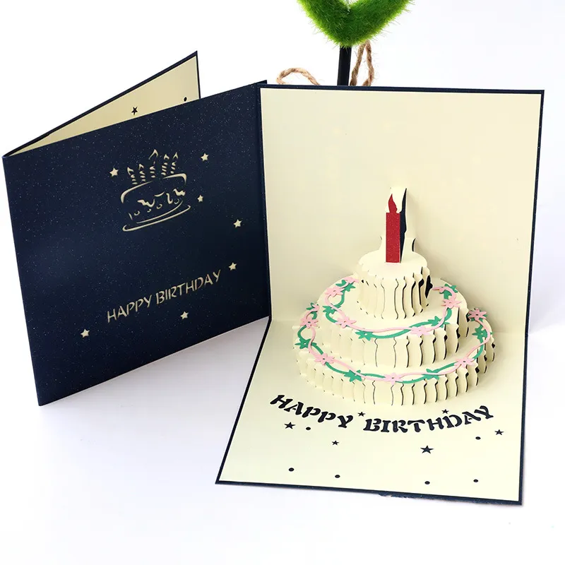 Custom Design Printing Fancy 3D Happy Birthday Greeting Card With 3 Layer Birthday Cake And Candle A372