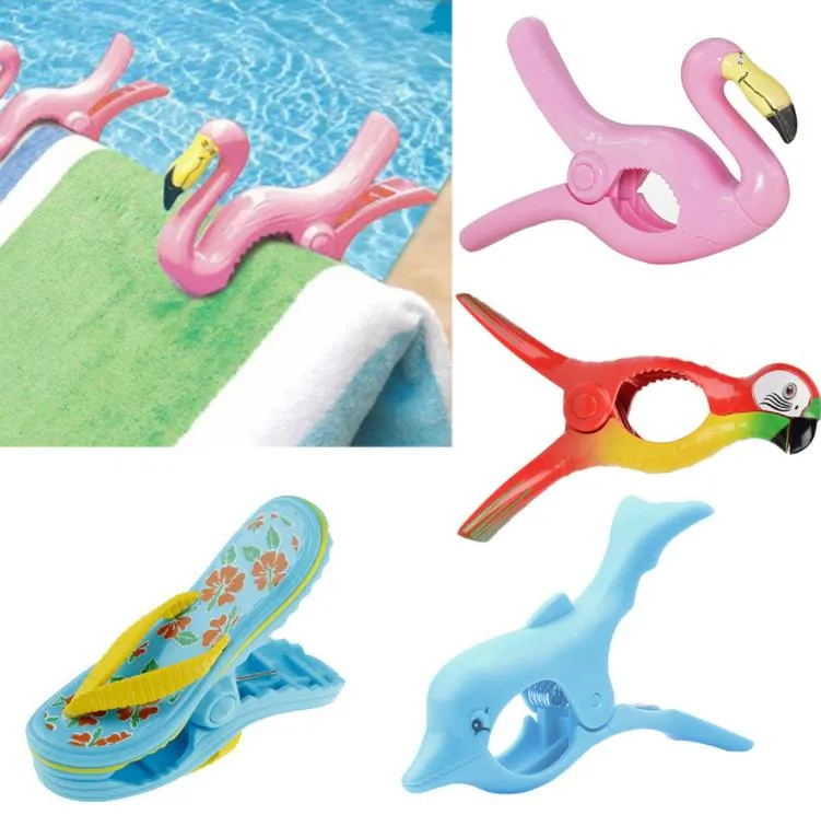 4 Pack Beach Towel Clips With 2 Bands - Windproof Parrot & Clownfish Clips For Chairs, Pool, Patio