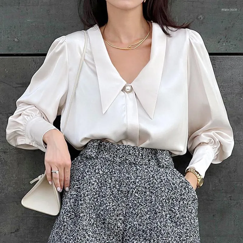 Women's Blouses Office Lady Silk Blouse Tops Loose Fashion Blusas Vintage V-Neck Satin Shirt Women Casual High Quality Long Sleeve 24316