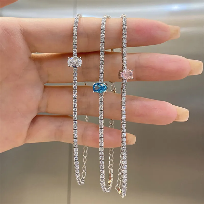 Luxury 8A Cubic Zirconia 5x7mm Oval Tennis Bracelet Designer for Woman 925 Sterling Silver Jewelry Pink Blue White Chain Charm Womens Diamond Bracelet Gift Box