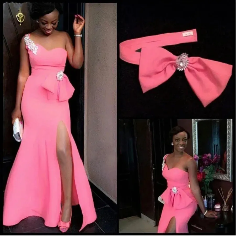 Hot Pink Mermaid African Bridesmaid Dresses With Bow One Shoulder Side Slit Plus Size Maid Of Honor Wedding Party Dress