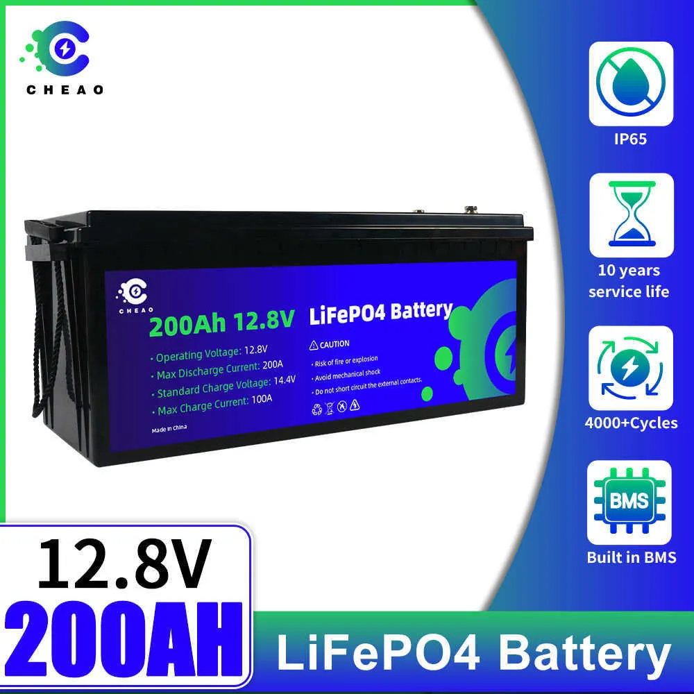12V 200Ah LiFePO4 Battery Built-In BMS Deep Cycle 2560Wh Energy for Off-Grid RV Solar Power System Home Backup UPS and Marine