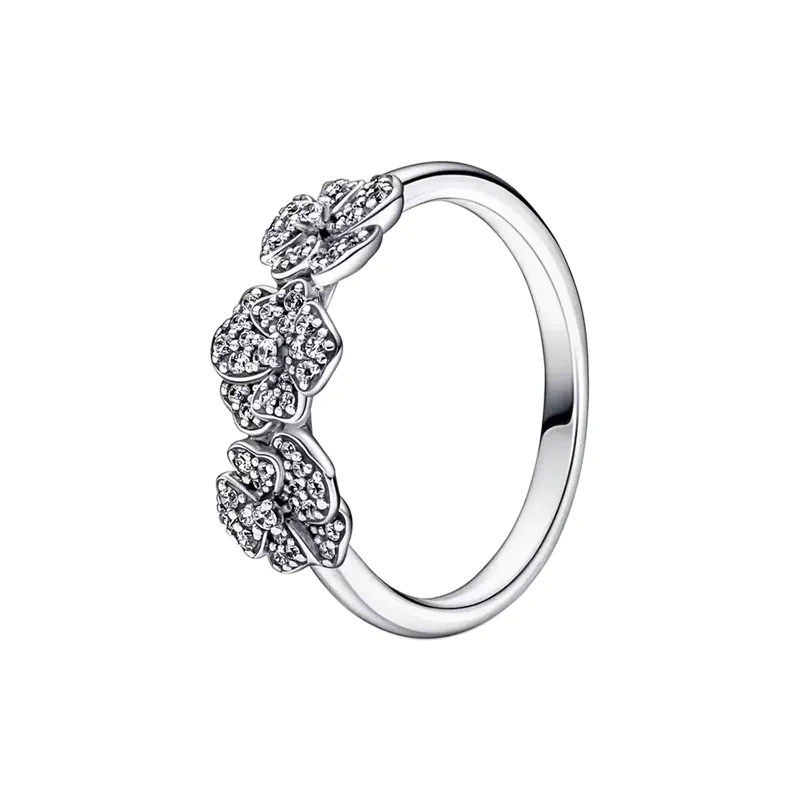 Triple Pansy Flower Ring per Pandora Authentic Sterling Silver Women Wedding Party Jewelry CZ Diamond Girlfriend Gift Anelli di fidanzamento con scatola originale