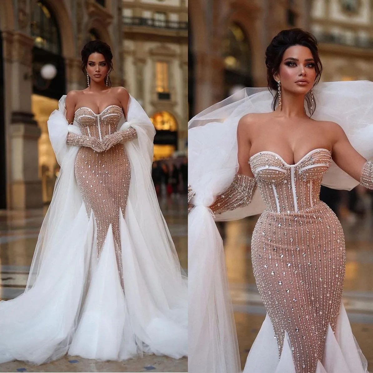 Lussuosi abiti da sposa a sirena con perline Abito da sposa sexy con scollo a cuore Abito in tulle con volant su misura Vestido De Novia