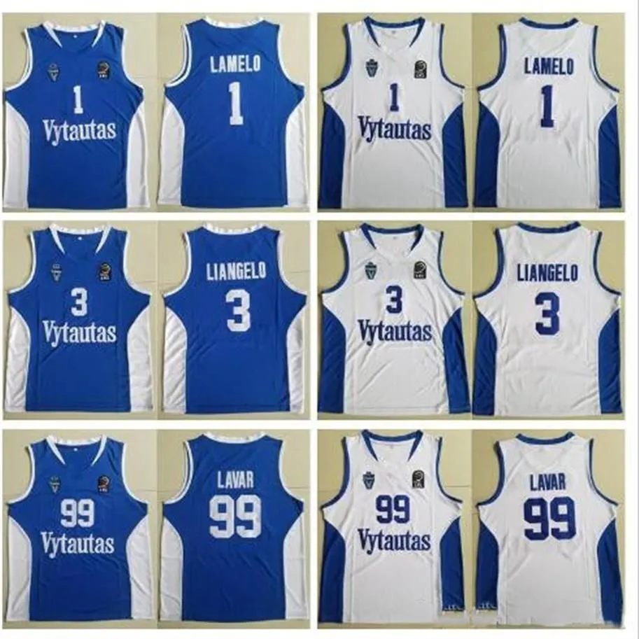 커스텀 남성 리투아니아 Prienu Vytautas 농구 Lamelo Ball Jerseys 3 Liangelo Ball 유니폼 99 Lavar Ball All Stitched Team Blue White239h