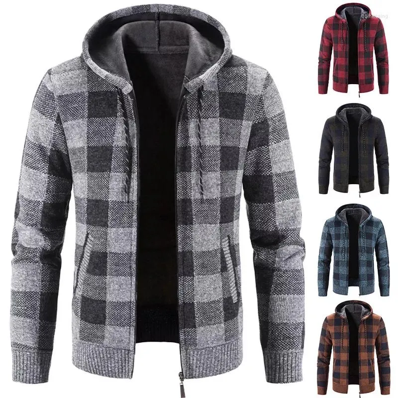 Suéteres masculinos 2023 com capuz xadrez estampado suéter de manga comprida outono inverno pelúcia grande casaco cardigã casual