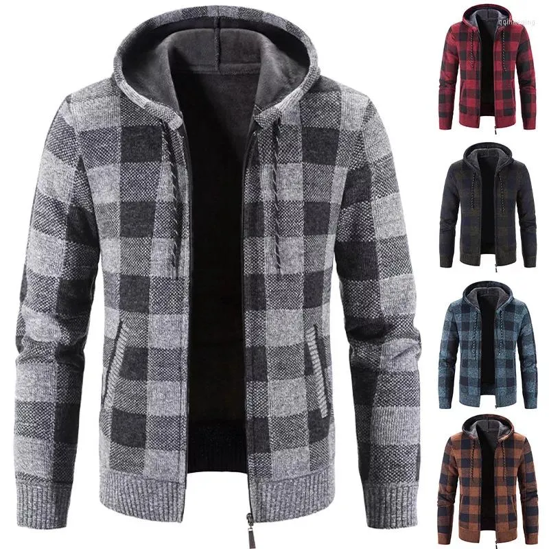 Men's Sweaters 2023 Hooded Plaid Printed Long Sleeve Sweater Autumn Winter Plush Large Casual Cardigan Coat