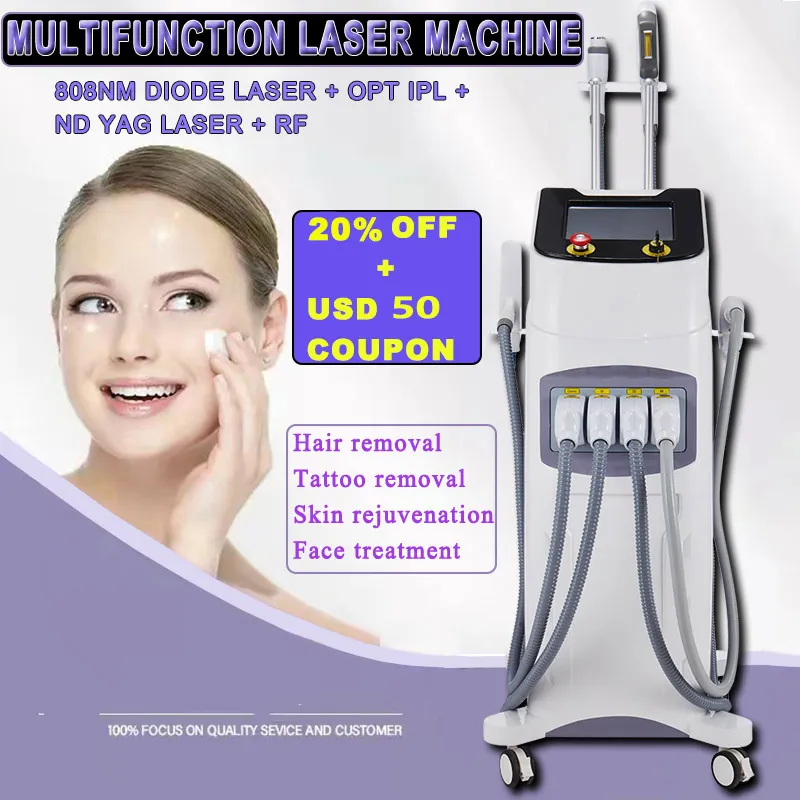 4 IN 1 808nm Laser Depilazione Ringiovanimento della pelle OPT IPL Rimozione del tatuaggio Nd Yag Black Doll Trattamento RF Macchina