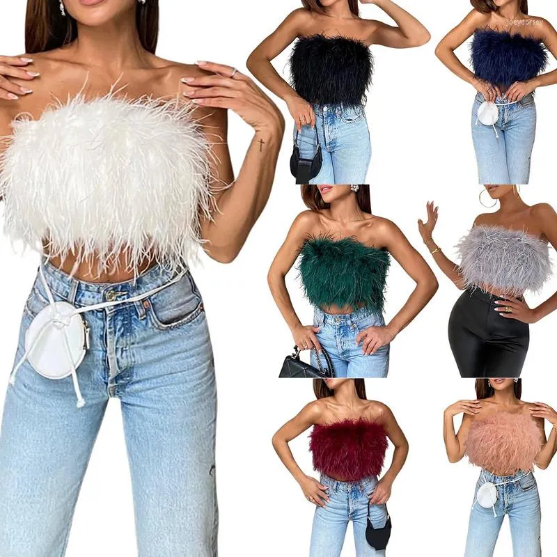 Tanks pour femmes Femmes Vêtements Fourrure artificielle Plume Gilet Été 2023 T-shirts sans manches Sans bretelles Fluffy Dos nu Slim Tube Tops Streetwear